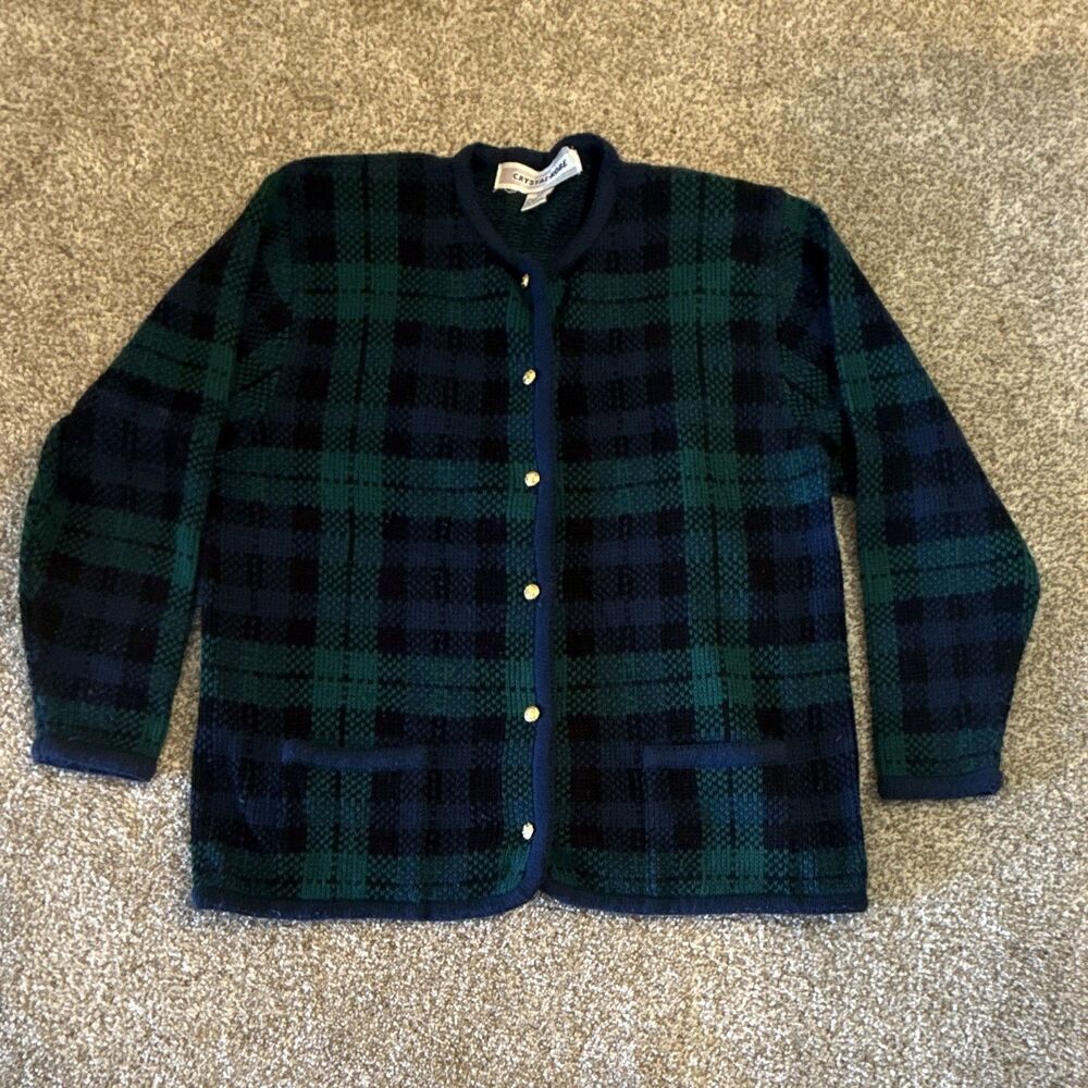 Vintage Crystal-Kobe Women’s L Green Blue Plaid Knit Button Cardigan Sweater